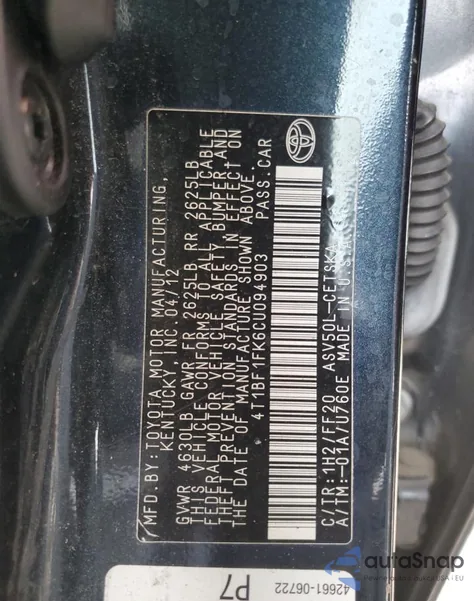 2012 Toyota Camry Base из США, поврежденный, VIN 4T1BF1FK6CU094903